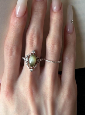 猫眼仿玉髓银色星芒戒指女高级感