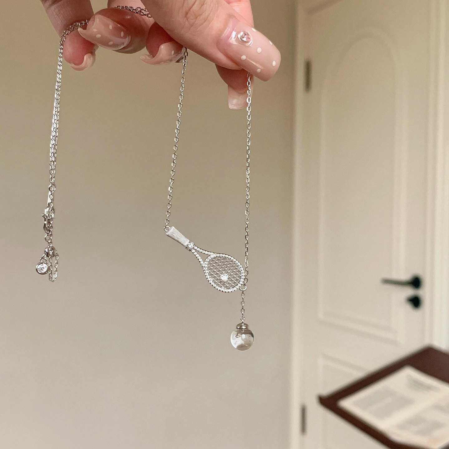 镶钻拉丝网球拍项链女2025新款