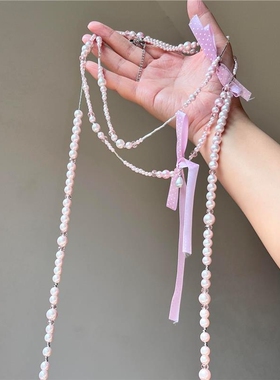 粉波点蝴蝶结仿珍珠项链女颈链