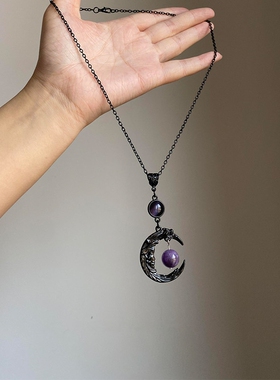 黑色月牙紫色圆珠项链女