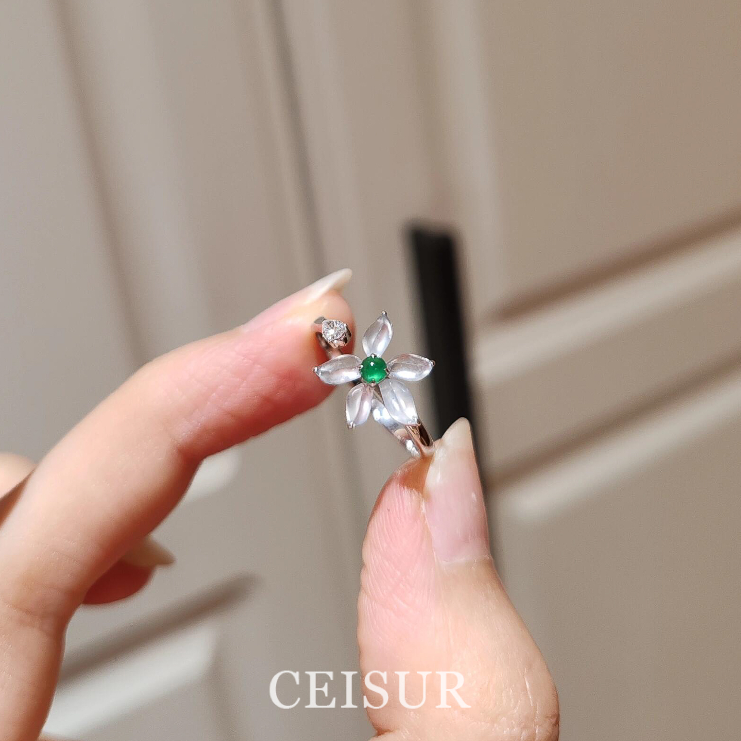 水冰花~新中式玉髓花朵戒指女