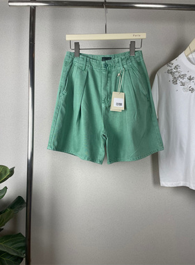 mo24春夏款格林系绿色天丝垂感高腰折褶牛仔短裤宽松阔腿四分裤女