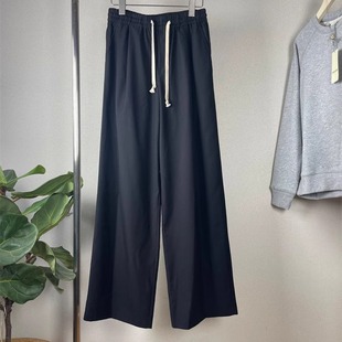 女垂感阔腿拖地直筒裤 子精纺羊毛休闲长裤 松紧腰抽绳 黑裤 R24秋款