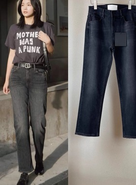 显瘦高级MO欧美系黑灰色小直筒9分牛仔裤女烟管裤微弹力小个子