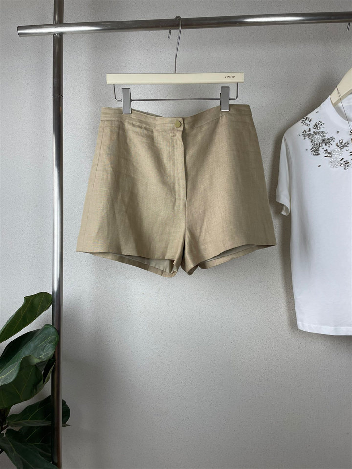Max老钱风夏款意式精品纯色A字高腰休闲显瘦亚麻短裤女气质简约