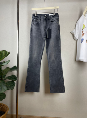 Rag24早春女毛边中高腰烟灰色小直筒微喇牛仔裤长裤百搭显瘦