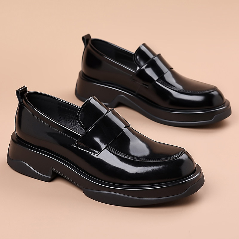 英伦风厚底乐福鞋男真皮一脚蹬商务休闲鞋百搭增高皮鞋漆皮男鞋子