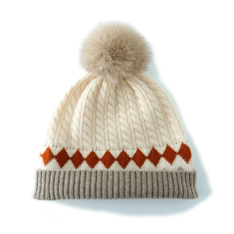 100%美丽诺纯羊毛球球提花羊绒帽子情侣款毛线秋冬套头加厚羊绒帽