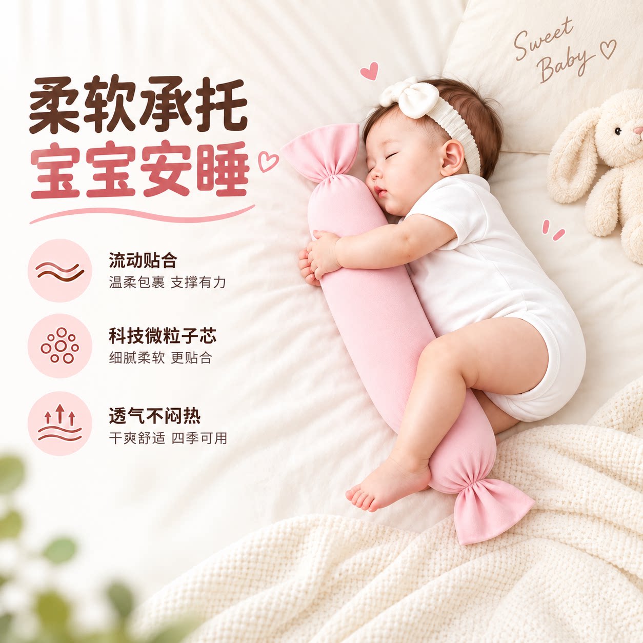 婴儿专用糖果枕安抚枕加长条抱枕多功能新生宝宝侧睡儿童靠背床围