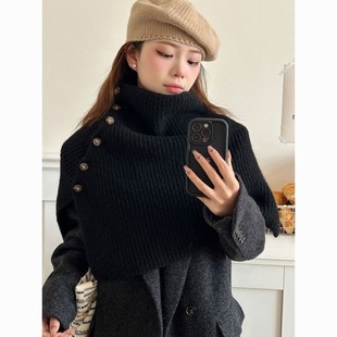 毛线套头披肩外搭开叉高领女秋冬外搭针织套脖套百搭保暖纽扣围脖