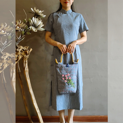 短袖格子旗袍改良版夏季