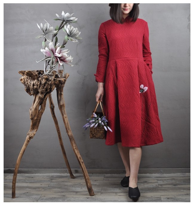 【荷韵】素荷原创 手绘荷花手工盘扣修身提花棉麻连衣裙春秋文艺