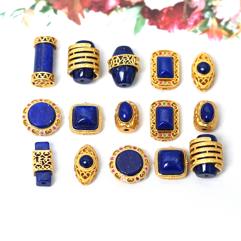 银镀金镶嵌天然青金石桶珠