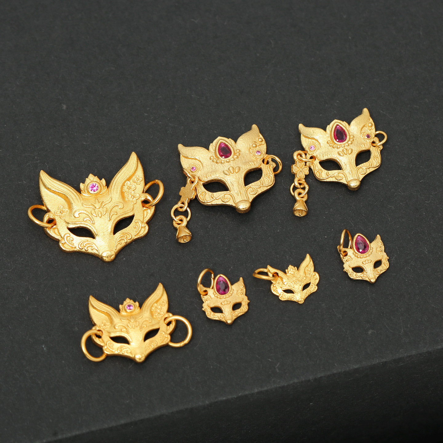 925纯银镀金狐狸面具戒指配件DIY手链九尾狐双耳配饰项链吊坠挂件