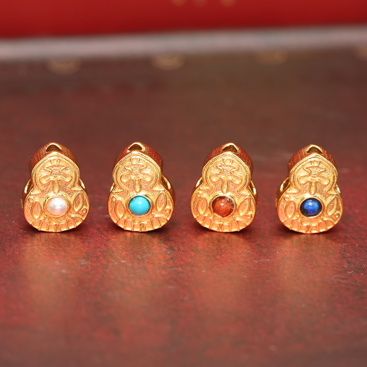 925古法银镀金镶嵌绿松石南红玛瑙青金石葫芦隔珠DIY手链手串配件