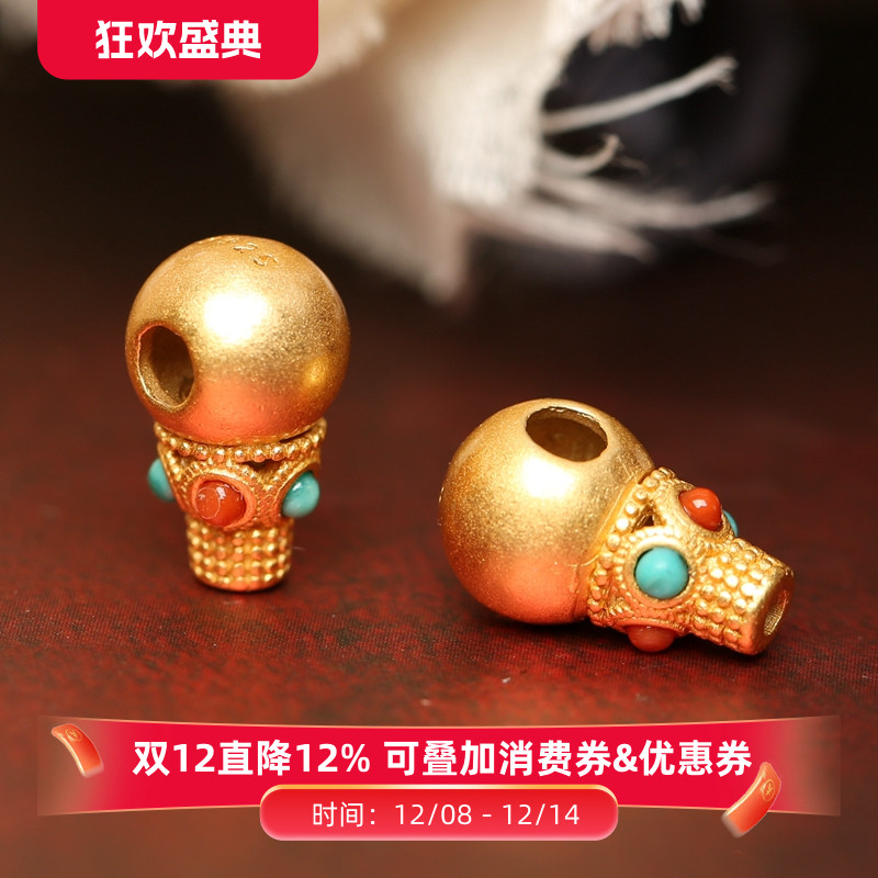 S925纯银镀24K黄金镶嵌南红绿松石老金三通佛头diy佛珠手串配珠