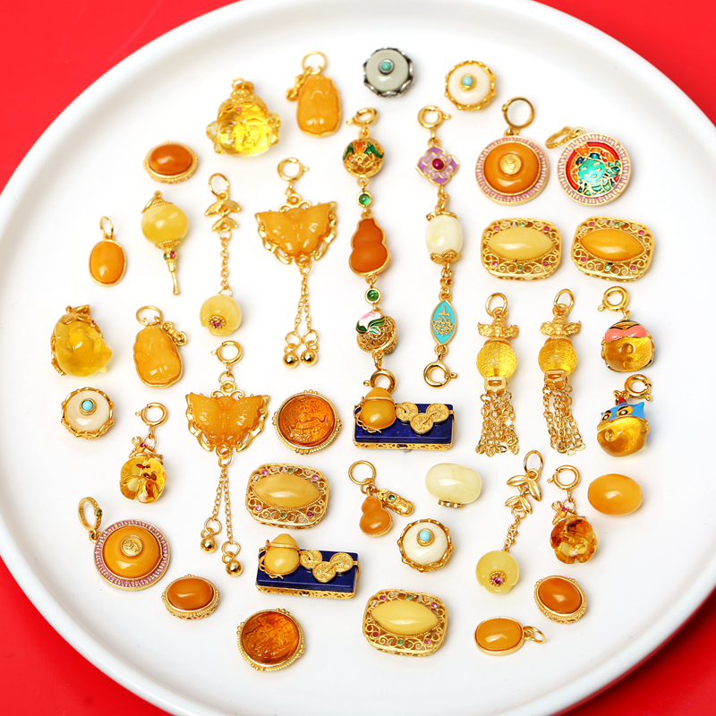 S925纯银镀金镶嵌蜜蜡郁金香提溜吊坠老蜡貔貅葫芦象神转运珠配件