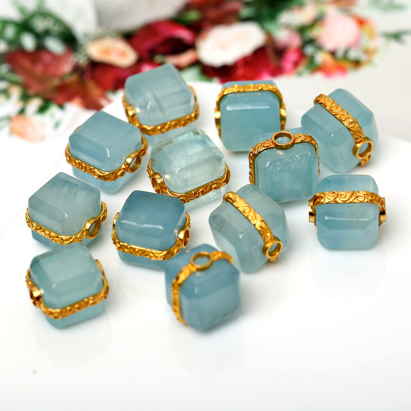 S GOLD-PLATED INLAID NATURAL CRYSTAL AQUAMARINE SUGAR CUBE GOLD-FILLED ACCESSORIES DIY BRACELET WOMENS BRACELET BEADS