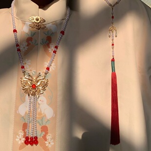 新款式蝴蝶长流苏璎珞项链女古风新中式汉服旗袍配饰饰品