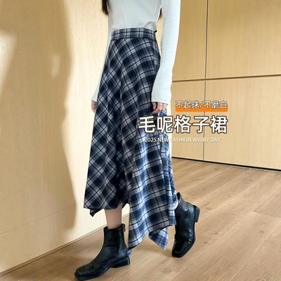 复古格子不规则半身裙女秋冬季高腰显瘦宽松a字英伦风大摆中长裙