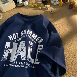 210G重磅美式高街纯棉短袖T恤男款夏衣服潮牌ins宽松休闲体恤百搭