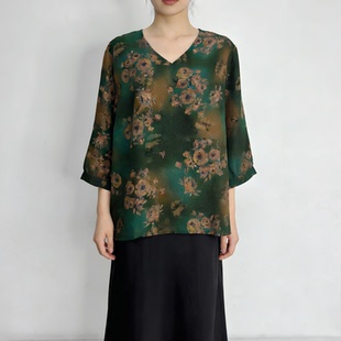 V领碎花上衣显瘦衬衫 正品 杭州丝绸真丝桑蚕丝冠乐绉香云纱七分袖
