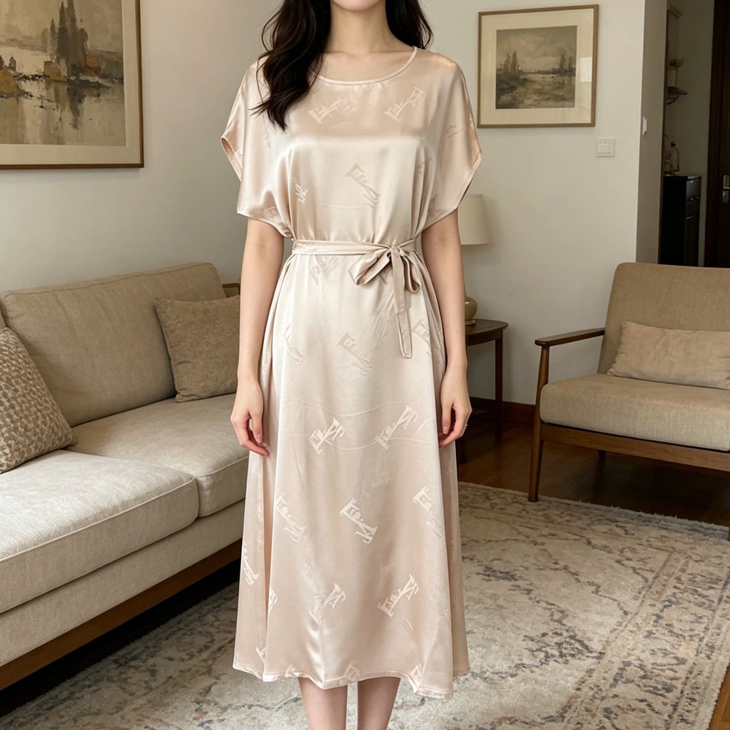 正品杭州丝绸加厚高档真丝桑蚕丝提花系带收腰中长大码精致连衣裙