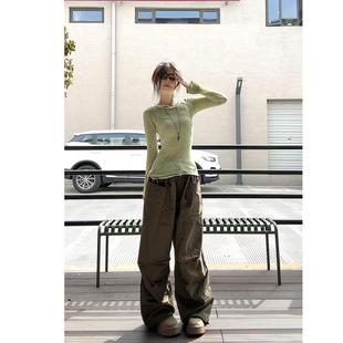 打底衫 上衣 美式 海棠嚯嚯 休闲裤 绿色露背修身 复古军绿色工装 春季