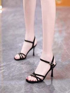 高跟鞋 2025夏季 百搭方头法式 淑女气质优雅露趾细跟一字带凉鞋 新款