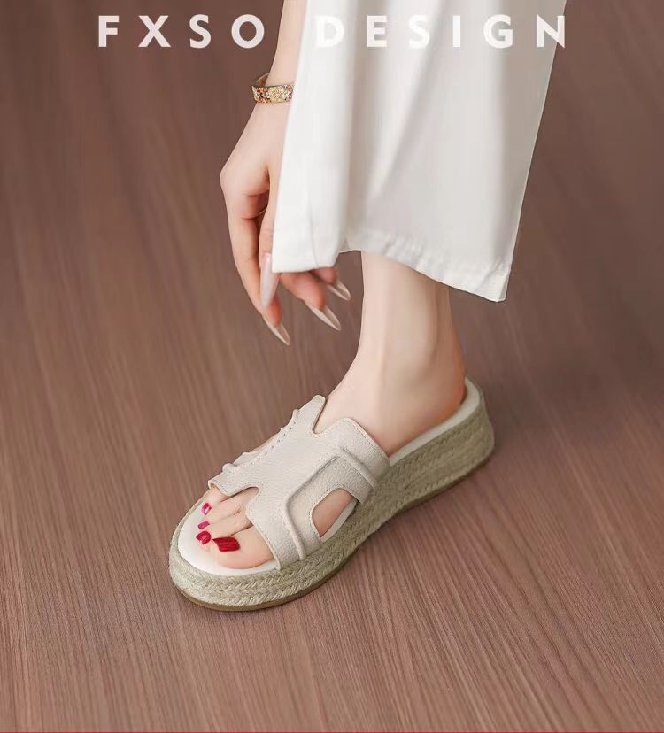 羊皮版坡跟凉拖鞋女2025新款夏小个子厚底百搭编织H拖
