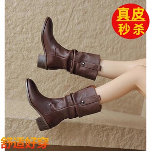 红婧蜓英伦风真皮复古西部牛仔靴圆头粗跟中筒靴骑士靴中跟堆堆靴