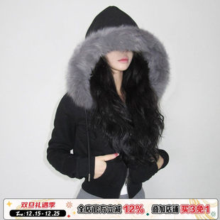 聚酯纤维弹性修身 连帽拉链毛领外套 剪裁秋冬百搭上 休闲短款 美式