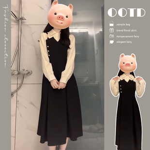 高级感小个子穿搭 2025年新款 茶歇法式 假两件背带连衣裙子女早秋季