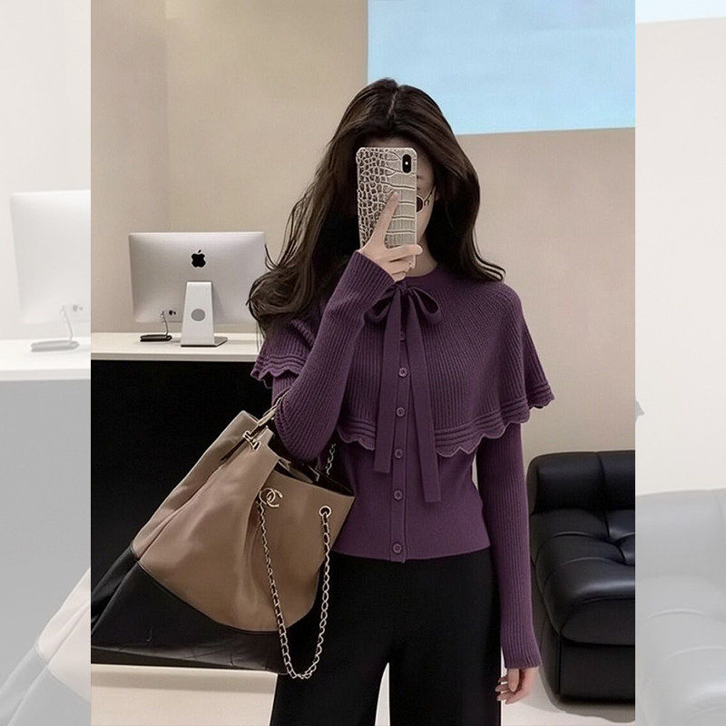 韩系格雷系慵懒高级感气质紫色斗篷蝴蝶结系带针织开衫毛衣女秋冬