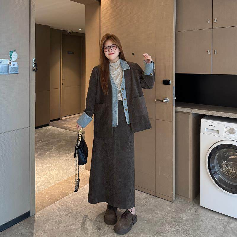 大码女装拼接牛仔雪尼尔