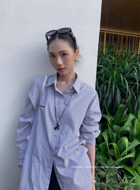 TTOO VOUIS春季新款蓝纹字母刺绣纯棉长袖衬衫女港味宽松显瘦衬衣