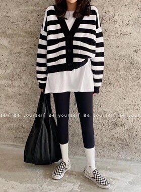 特价清仓不退换beyourself韩版洋气v领条纹黑色毛衣外套开衫针织