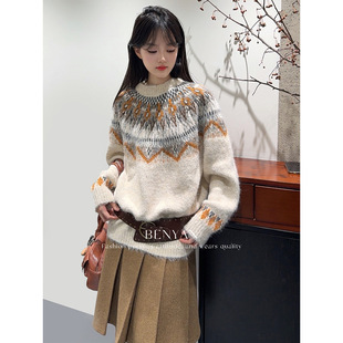厚实保暖羊毛圆领提花毛衣女3601 复古慵懒风冬季 BENYAN本言 法式