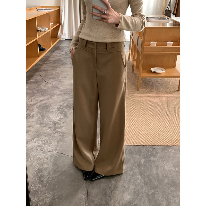 FONE气质卡其色直筒阔腿裤女秋冬高腰宽松百搭通勤高级感西装长裤