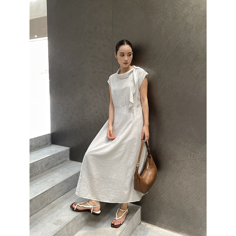 MMC 设计感天丝醋酸连衣裙2026夏季韩系简约高腰大摆中长裙A字裙