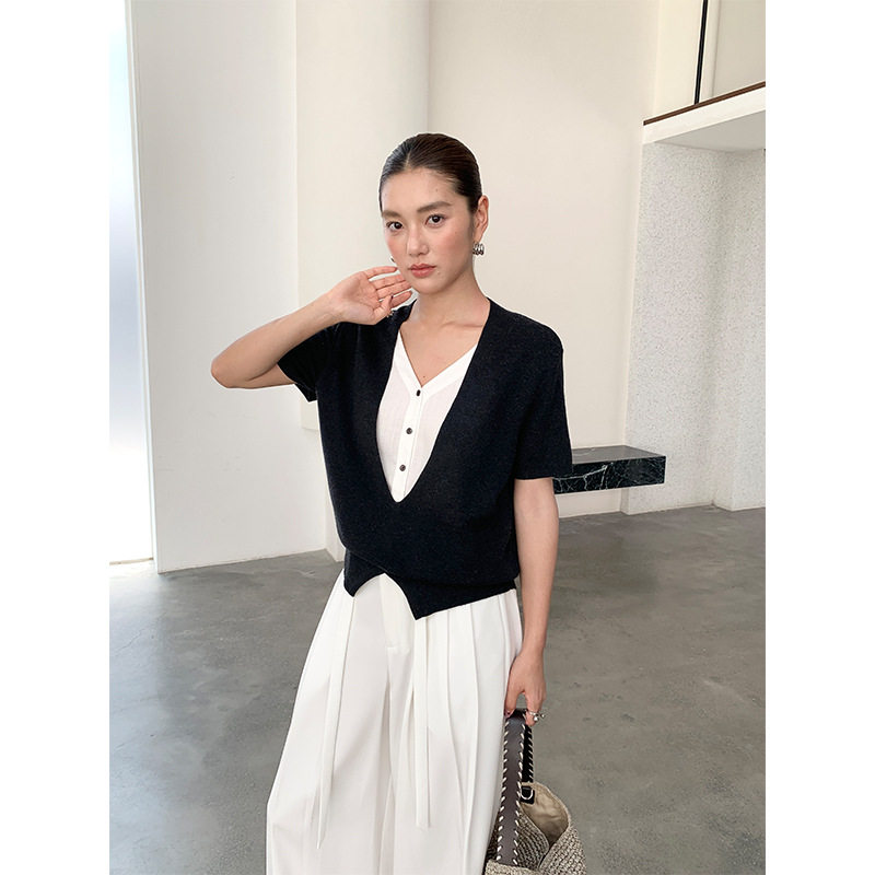 FONE 假两件拼接V领针织衫女潮早秋新款百搭撞色短袖小衫港味上衣