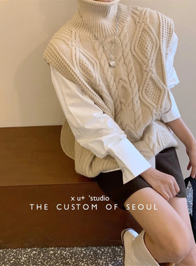 特价不退换XU+秋冬新款麻花马甲背心无袖针织衫女韩系慵懒风毛衣