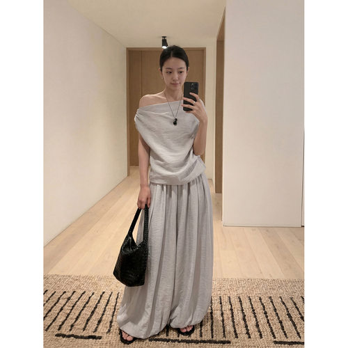 TG 天丝醋酸气质一字肩上衣+灯笼阔腿裤时尚两件套装女2026夏新款