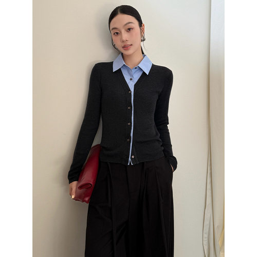 假两件拼接长袖POLO领上衣