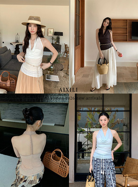 爱西里2026春季南法假日氛围感挂脖荡领设计感无袖扭结背心上衣女