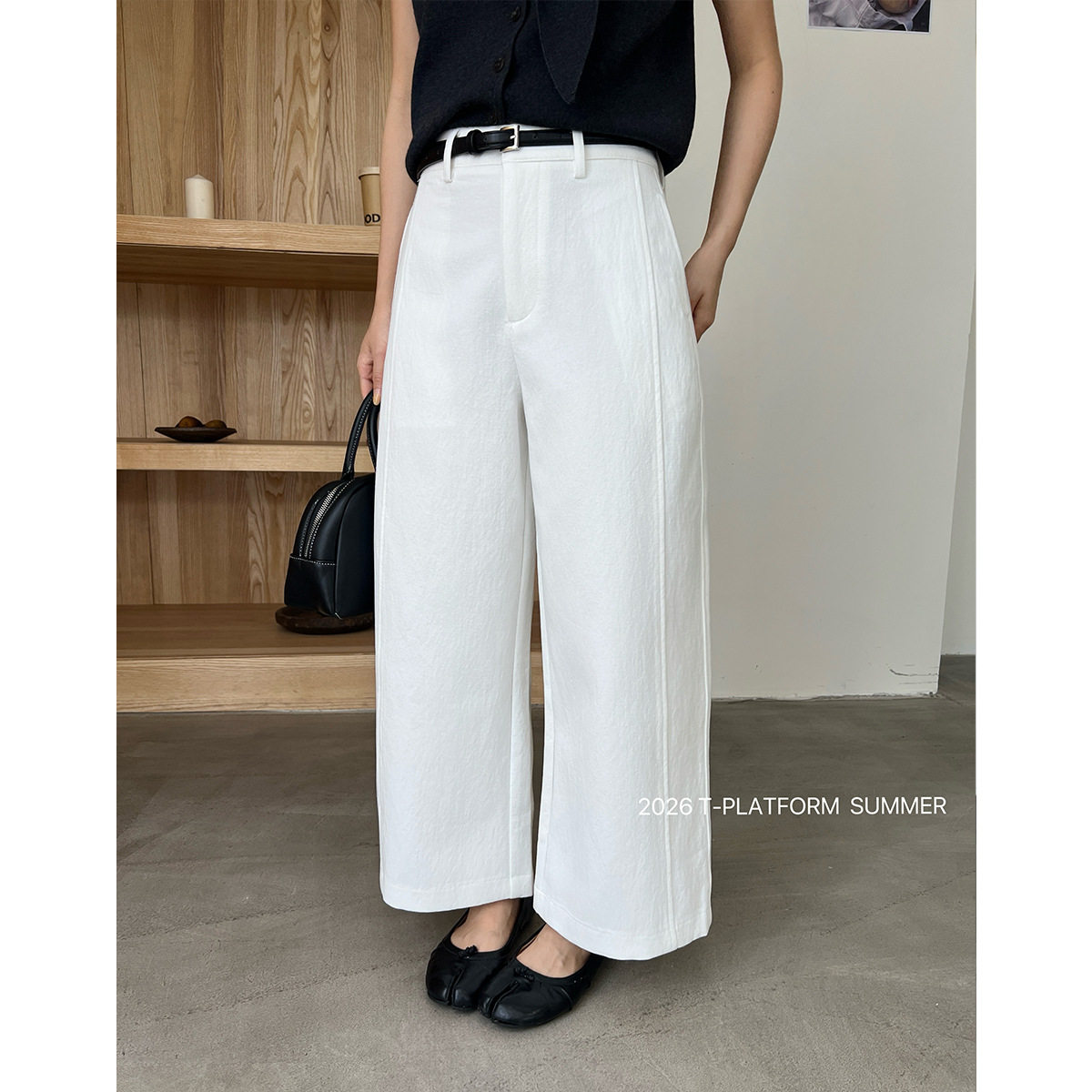 T-PLATFORM春季垂感阔腿裤天丝棉小个子白色休闲裤女直筒九分裤子