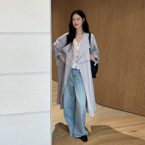 MOXI 春季2026新款韩版通勤慵懒风气质立领长款薄款风衣外套女ins