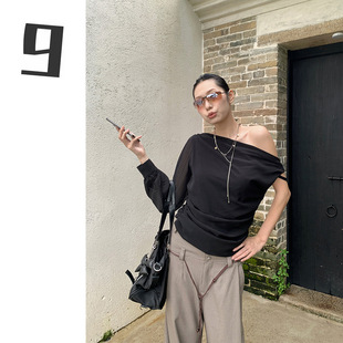 9hour 上衣女ins 甜辣妹风性感斜肩t恤2025秋季 小众不规则单侧长袖