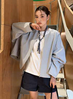 MOXI 2026春季新款韩版宽松短款衬衫外套女圆领小个子风衣女ins风