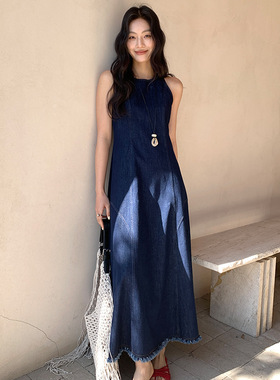 FONE早春2026新款复古牛仔布连衣裙女深蓝色流苏港味下摆无袖长裙